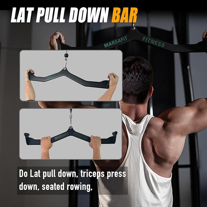 MARSAFIT Home Gym Fitness Rowing T-bar V-bar Pulley Cable Machine Attachment, Bicep Curl Tricep LAT pulldown Bar Back Strength Training Handle Grips LAT Pull Down Bar for Seat Row Workout