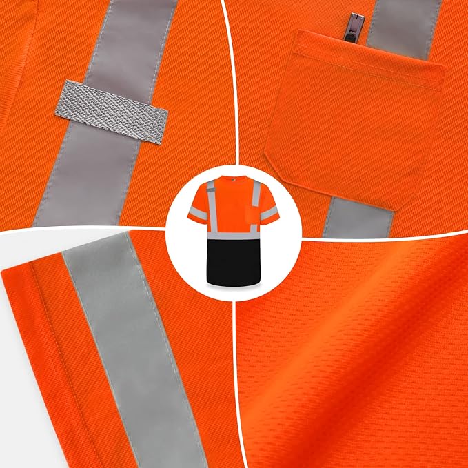 TCCFCCT Safety Shirts for Men Class 3 High Visibility Shirts, Hi Vis Reflective Shirts for Men Women, Short Sleeve Construction Work Shirts with Black Bottom, Durable & Breathable, DP-Orange S