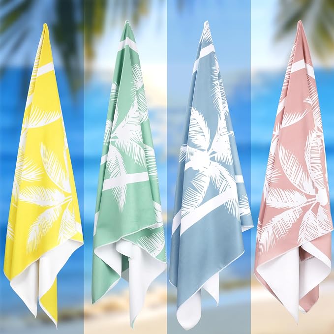 Tegeme 4 Pack Coconut Palm Tree Microfiber Thin Beach Towel Lightweight 72x36 Oversized Extra Large Sand Free Towels Quick Dry for Travel Pool Yoga Sports Beach Accessories Vacation Essential Gift