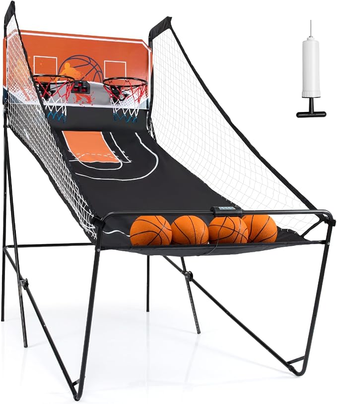 Giantex Arcade Basketball Game Indoor Dual Shot with 8 Game Modes, 4 Balls, 2 Hoops, Air Pump and LCD Scoreboard, Foldable Electronic Basketball Games for Adults and Kids