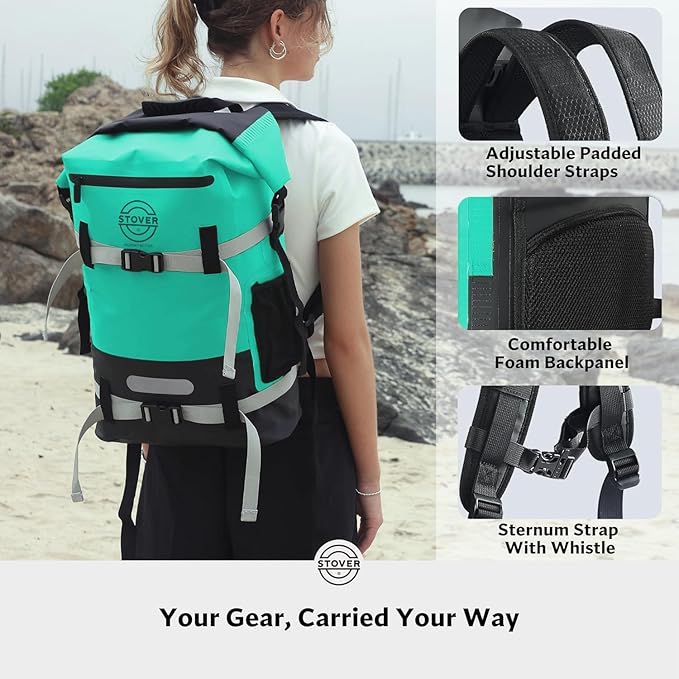 STOVER 30L Waterproof Dry Backpack & Phone Case - X-Large Floating Dry Bag for Kayaking, Travel, Hiking, Fishing, Camping, Motorcycles & Beach, Heavy-Duty Roll Top Men/Women (Teal)