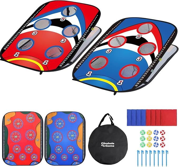 Collapsible Cornhole Board Set, AYAMAYA 2 x 3ft Portable Double Sided Corn Hole Games & Golf Game, Camping Games with 8 Bean Bags & 12 Sticky Balls for Outdoor Beach Lawn Yard Family Party Toys