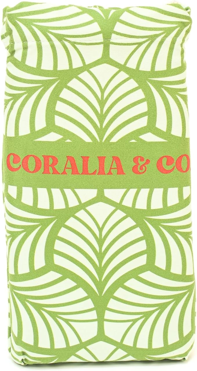 Coralia & Co. Large Microfiber Beach Towel - Quick Dry, Sand-Free, Lightweight with Convenient Storage Pouch (Mint Palm)