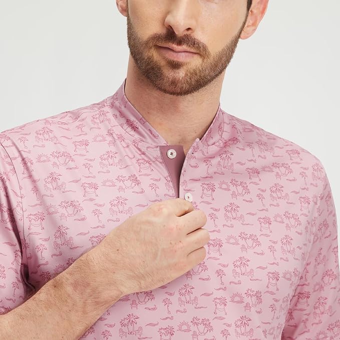 M MAELREG Golf Shirts for Men Collarless Performance Dry Fit Stretch Henley Casual Printed Mens Polo Shirts Short Sleeve