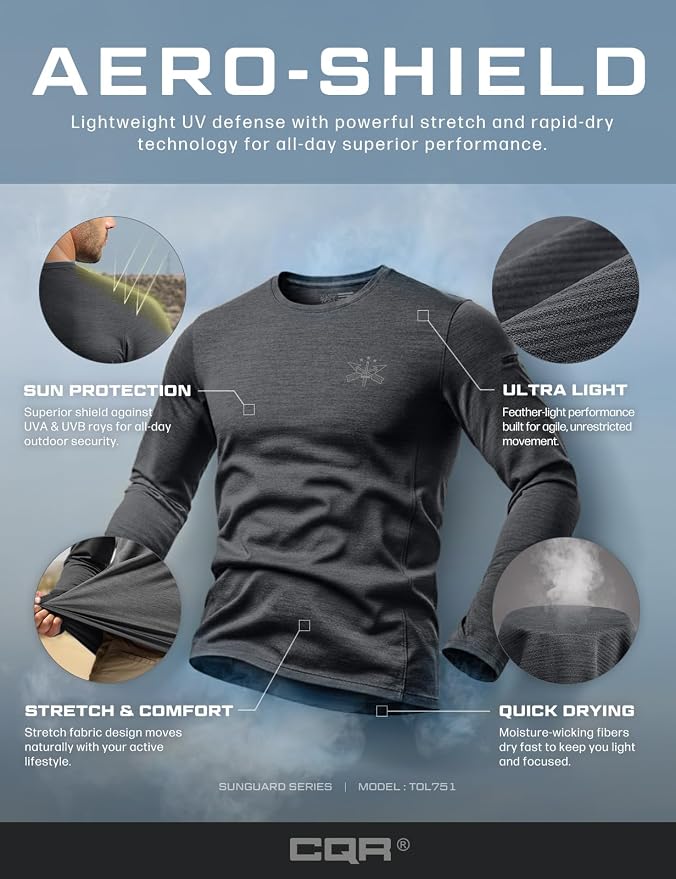 CQR Men's UPF 50+ Sun Protection Long Sleeve Quick Dry Athletic Shirts, Stretch Running Workout Hiking T-Shirts