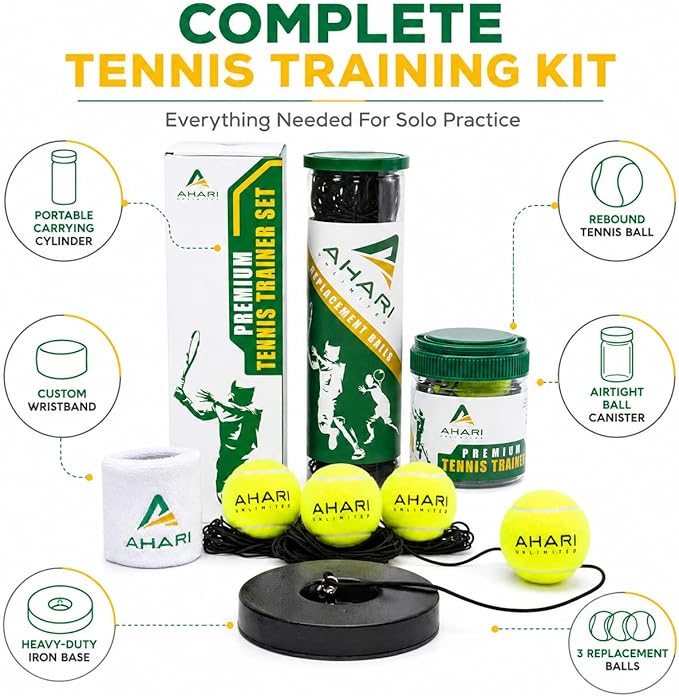 Premium Tennis Trainer Set, Pro Rebounder with Metal Base in a Carrying Cylinder, 3 Replacement Rebound Balls, & Wristband, Portable Tennis Practice Equipment for Solo Training