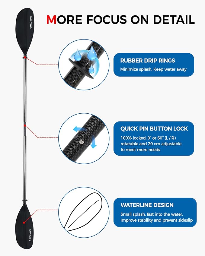 Kayak Paddle Carbon Fiber Shaft and Reinforced Nylon Blade, Adjustable Kayaking Oars, 3 Piece, 230-250 cm/90-98 Inches,210-230 cm/82-90 inches