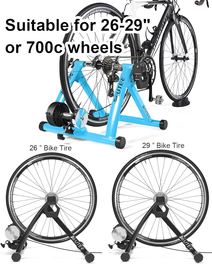 Bike Trainer, Magnetic Bicycle Stationary Stand for Indoor Exercise Riding, 26-29" & 700C Wheels, Quick Release Skewer & Front Wheel Riser Block Included