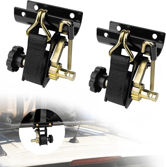 2 Pack Retractable Ladder Rack Ratchet Straps, 2" Round Tube Mount Tie Downs, 1.5" x 7.5' Heavy Duty 500 lbs Load Capacity with Double J-Hooks, Bolt-On Cargo Buckle for Truck & Van Roof Racks