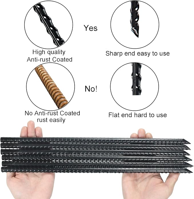 16 Inch Ground Rebar Stakes Heavy Duty Steel Ground Anchors | Straight Metal Stakes with Chisel Point end for Outdoor, Black Powder Coated