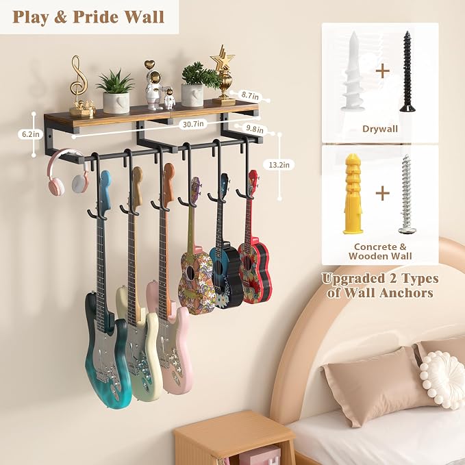 Keebofly Guitar Wall Mount Hangers Holds 6 Guitars with Rustic Shelf - 6-Detachable Guitar Hooks Universal Fit for Acoustic, Electric, Bass Guitars & Ukulele (Brown)