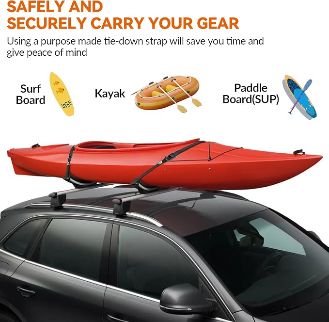 4PK 1" x15ft Surfboard Tie Down Straps Heavy Duty Roof Rack Lashing Straps | 700lbs max break strength cambuckle cords;safely secure kayaks,canoes,SUP paddle boards,and cargo without any paint scratches