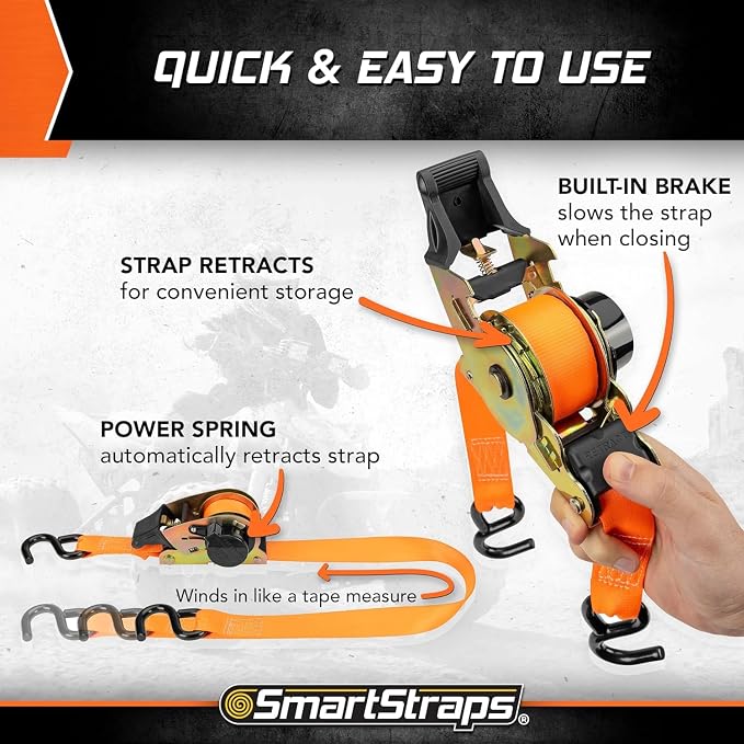 SMARTSTRAPS 10’ Retractable Ratchet Straps, 2 Pack – 3,000lb Break Strength, 1,000lb Safe Work Load — Haul Motorcycles, Boats, and Appliances with Patented Technology Heavy Duty Ratchet Straps