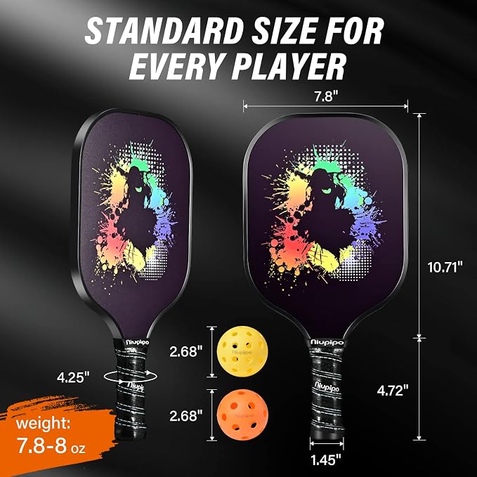 niupipo Pickleball Paddles Set of 2/4/1, USAPA Approved Carbon Fiber & Fiberglass Hybrid, Easy Power, Polypropylene Honeycomb Core, Cushioned 4.72" Grip, Bag/Cover, Pickleball Paddle Set for Men Women