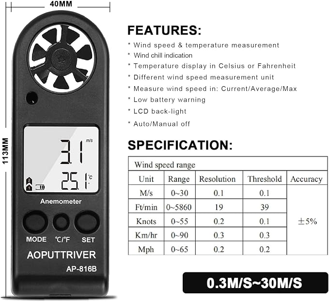 Anemometer Handheld Wind Speed Meter for Measuring Wind Speed Temperature and Max/Average/Current, High Precision Anemometer Measuring for Windsurfing Sailing Fishing Outdoor Activities