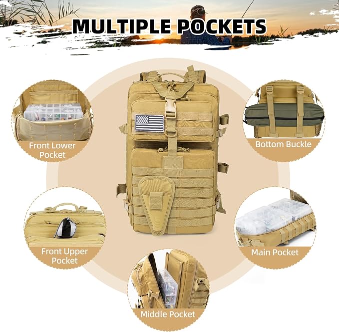 TBNBO 45l Large Fishing Tackle Backpack with Removable Plier Holder & Rod Holders, Khaki Tactical Bag, Fishing Gear and Tackle Box Organizer, Hiking Rucksack without Tackle Box