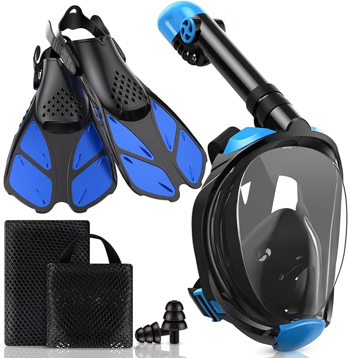Viginsul Mask Fins Snorkeling Gear for Adults, Full Face Snorkel Mask & Adjustable Swim Fins Snorkel Set, Panoramic View Snorkel Mask Dry Top Anti-Fog Anti-Leak