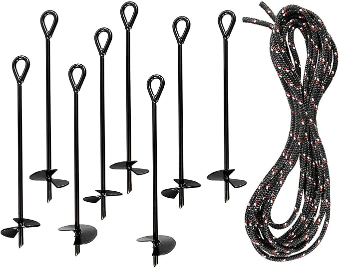Ashman Black Ground Anchor (8 Pack) 15 Inches in Length and 10MM Thick in Diameter with 65 Feet of Rope
