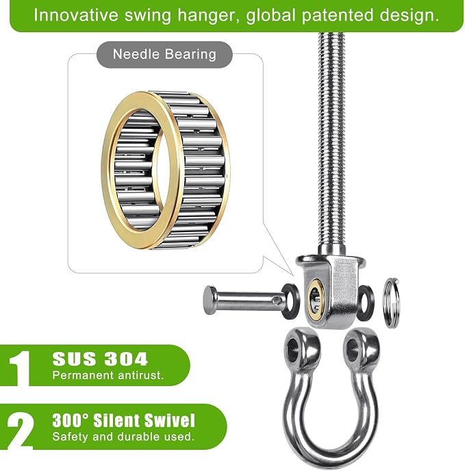 Dolibest Swing Hangers with Bearing - 2 Pack Stainless Steel 304 Hardware Hooks for Wood & Metal Beams, Ideal for Hanging Hammocks, Yoga Swings, Porch Swing, Boxing Bag 1500 LB Capacity -5''x M2/5''