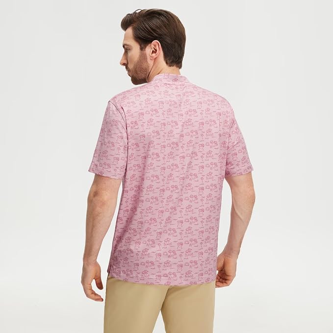 M MAELREG Golf Shirts for Men Collarless Performance Dry Fit Stretch Henley Casual Printed Mens Polo Shirts Short Sleeve