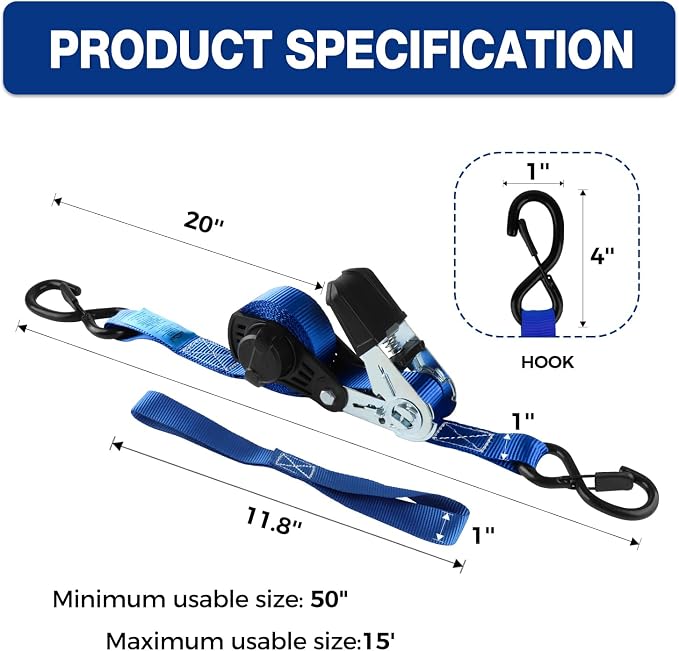NeatStrap Ratchet Strap with Safety Lock Chromoly S Hooks-1,500lbs Break Strength-Motorcycle, Kayak Ratcheting Straps 1" x 15' Soft Loop Tie-Downs for Pickup Bed,Moving Truck,Trailer(4PK)
