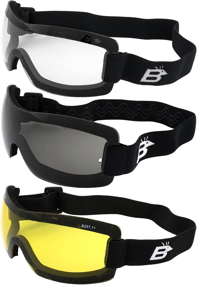 Birdz Eyewear Wren Frameless Skydiving Riding Goggles 3 Pairs Anti-Fog with Clear Smoke & Yellow Lens