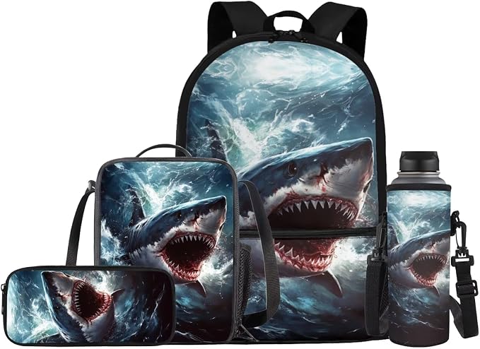 Shark Backpack for Boys with Lunch Box Kids School Bag and Lunch Bag Pencil Case Water Bottle Holder Set pf 4 School Accessories Back to School Supplies