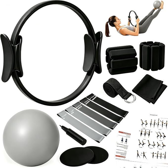 Pilates Equipment Kit for Home Workout,Pilates Ring and Ball Set,Pilates Essentials Accessories Kit for Women with Core Sliders,Adjustable Ankle Wrist Weight,Exercise Resistant Bands