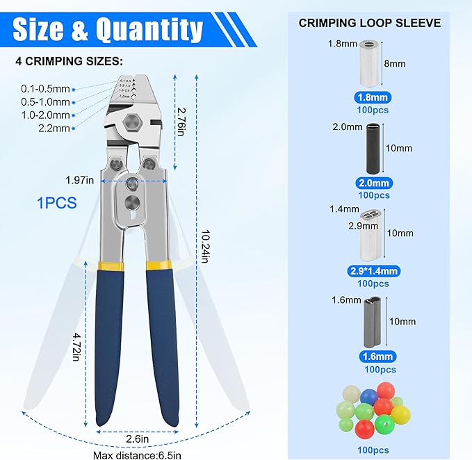 Fishing Crimping Tool Kit Fishing Crimping Pliers Stainless Steel Wire Crimping Tool with 500pcs Crimp Sleeves Set, 4 Size Crimp Sleeves Fishing Tackle Pliers
