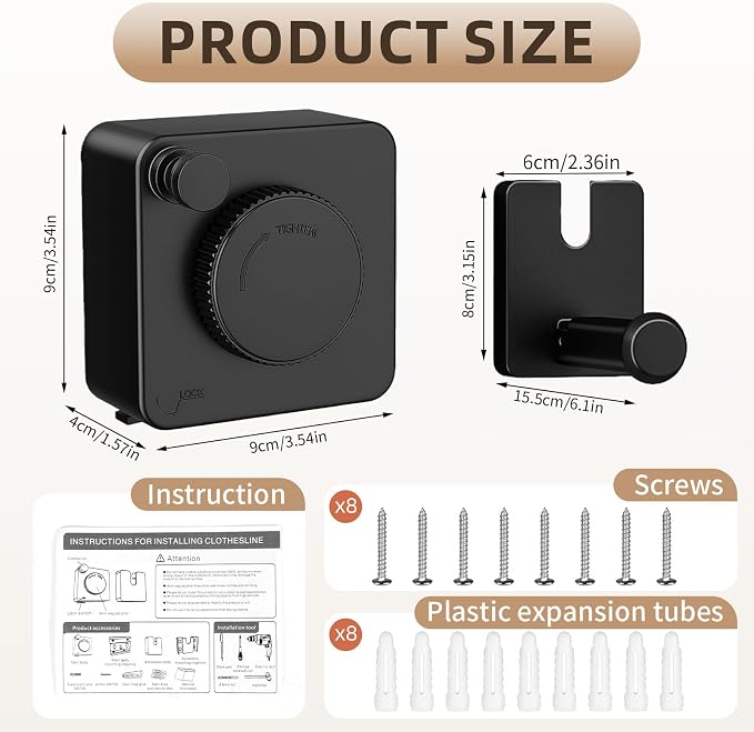 Anti-Sag Retractable Clothesline 40LB Capacity - 201in Stainless Steel Laundry Line for Indoor Outdoor, Wall Mounted Space Saving Easy Install (Black, with Pole)