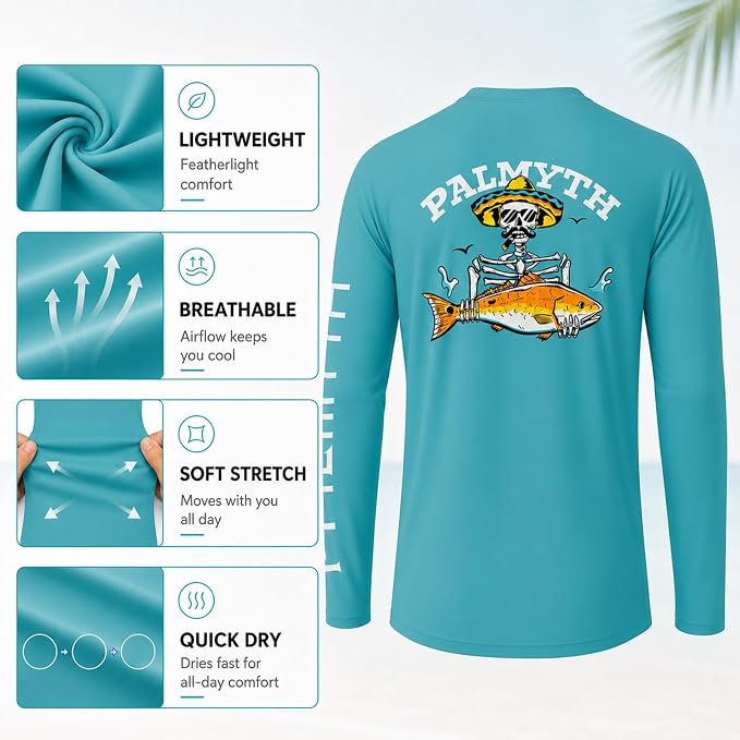 Palmyth Fishing Shirts for Men Long Sleeve UPF 50+ T Shirt Sun Protection | Quick Dry, Sun Protection, Myth-Cool Fabric, Fish Print, Moisture Wicking, Stretchy, Breathable, Fishing,Boating,Outdoor Wear