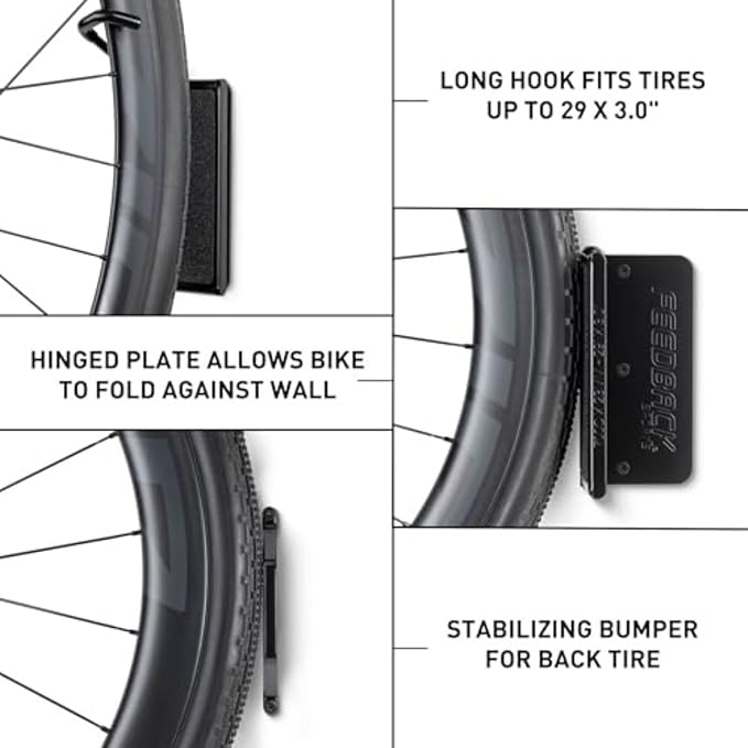 Feedback Sports | Velo Hinge 2.0 (4 Pack) Pivoting Swivel Bike Wall Mount | Vertical Bicycle Hanger | Garage Fold Away Bike Hook | Road, Gravel, Mountain Bike Compatible