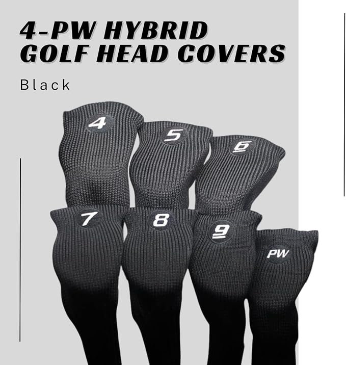 Majek All Hybrid Head Cover Golf Club Black Sleek Tight Fit Headcover Set 4-PW Acrylic Head Covers 4 5 6 7 8 9 PW Easy to See Large White Embroidered Numbers