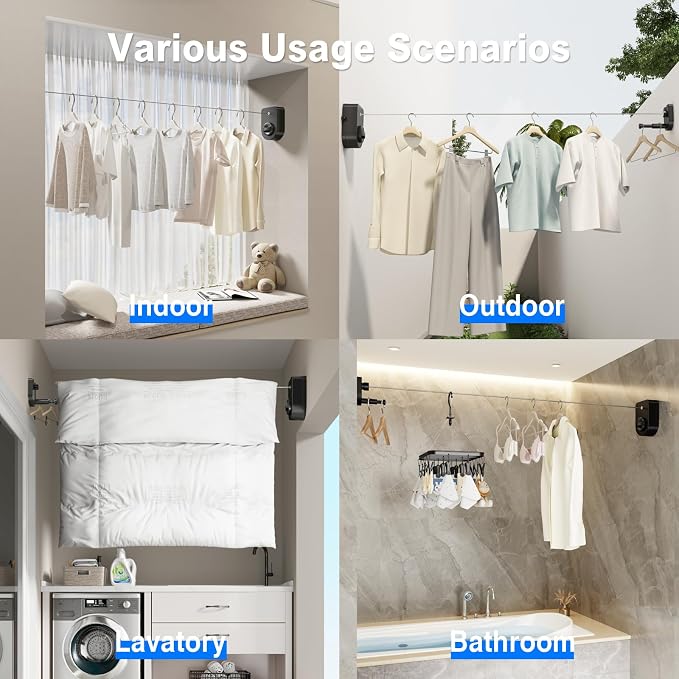 Mustorn Retractable Clothesline Indoor, Non-Sagging Outdoor Clothes Line Retracting Heavy Duty Clothes Drying Laundry Line Wall Mounted Stainless Steel Line-13.8 Feets (Single Line-Black)