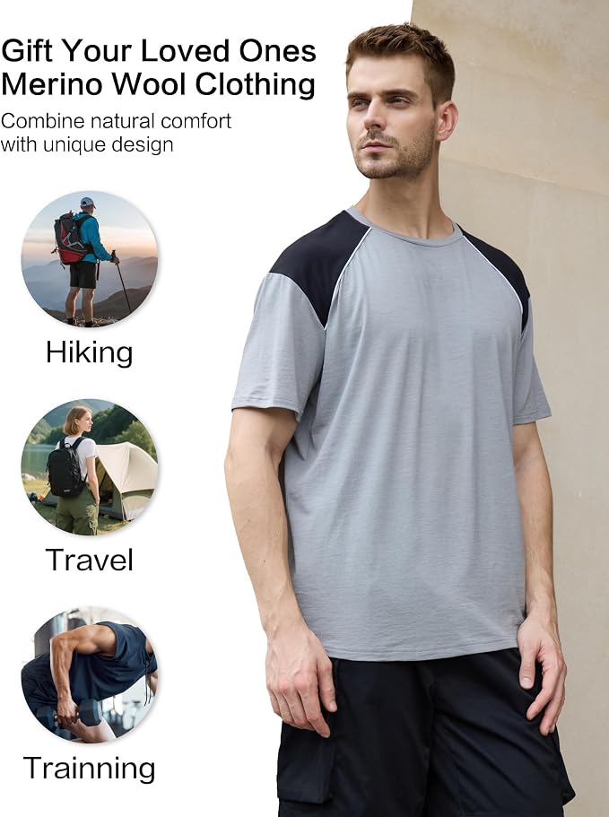 Merino Wool Crewneck T Shirts for Men for Athletic Running Workout, Lightweight Mens Moisture Wicking Shirts