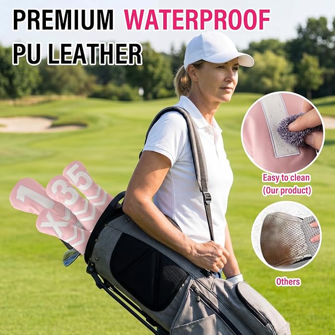 16 Pcs Golf Accessories Kit, 4 Pcs Leather Golf Club Headcovers for Woods, Drivers & Hybrids with Magnetic Ball Marker, Tees & Cleaning Brush Set for Men & Women
