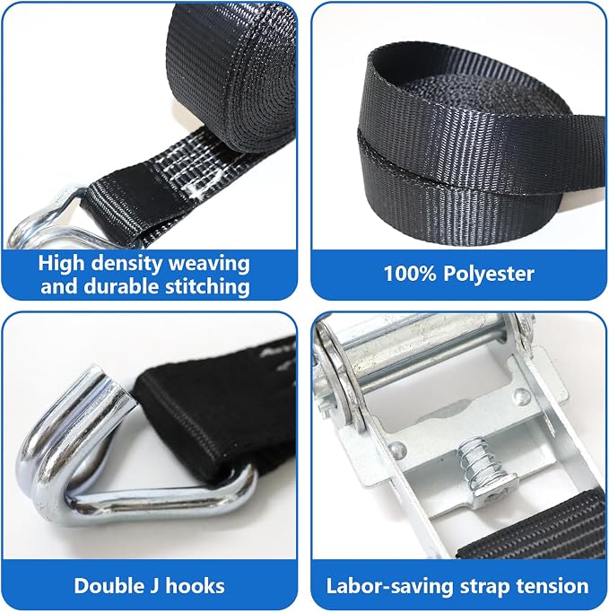 Ratchet Straps Heavy Duty 4Pcs 2.3" x 20ft with 4 Helper Tie Down Ratchet Straps and Storage Bag, Galvanized Zinc Double J Hook for Trailer, Truck, Motorcycle, Cargo Moving - Black