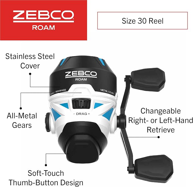 Zebco Roam Spincast Reel and Fishing Rod Combo, 6-Foot 2-Piece Fiberglass Fishing Pole with ComfortGrip Handle, Quickset Anti-Reverse Fishing Reel, Pre-Spooled with 10-Pound Zebco Line