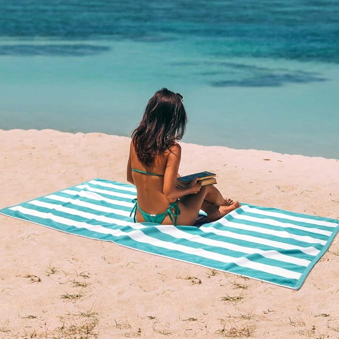 LULUHOME Large Oversized Beach Towel - Big Cotton 36 x 70 Inch Striped Pool Towel, Large Cabana Soft Swimming Towel for Adult Men Women,Turquoise