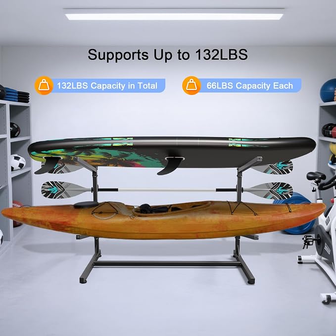 Kayak Storage Rack, Heavy Duty Freestanding Kayak Racks for Garage and Outdoor Storage, Storage Rack Adjustable for Kayak, Canoe, Surfboard & Paddle board (2 Levels for 2 Kayaks)
