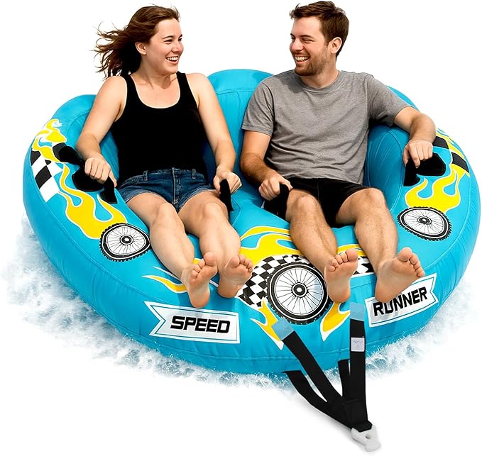 Serenelife Inflatable Towable Tube for Boating – 2-4 Person, 4500 lbs Pulling Capacity, Deck Seats & Backrest, Premium Nylon Cover, Grab Handles, Front/Back Tow Points, Speed Safety Valve