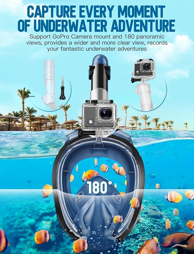 Full Face Snorkel Mask for Adults, 180° Panoramic Anti-Fog Snorkeling Gear with Dry Top System & Camera Mount, Foldable Anti-Leak Design for Travel, Swimming & Ocean Snorkeling