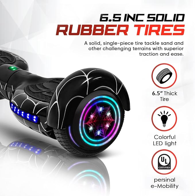 Spider-Pattern Hoverboard for Kids Ages 6-12, with Bluetooth Speaker and LED Lights 6.5" Hover Board, UL2272 Safety Certified (Black)