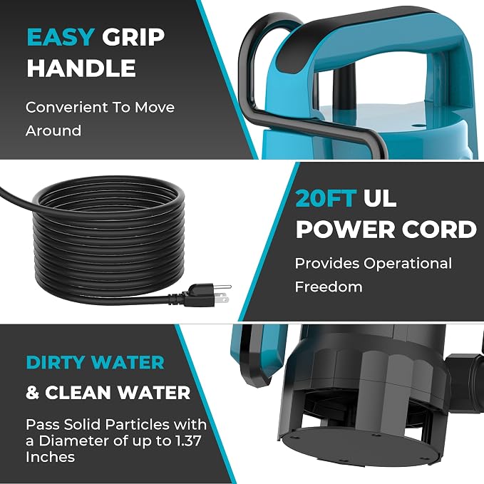 Automatic Water Pump, 2250GPH Sump Pump Submersible Basement Portable Electric Utility Water Pump Removal for Pool Draining Basement Hot Tubs Garden Pool Cover Pond, Light Blue