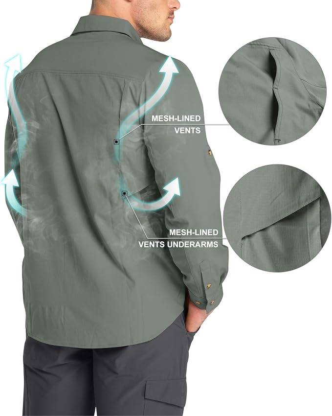 33,000ft Men's Long Sleeve Hiking Shirts Lightweight Quick Dry Sun Protection UV UPF 50 Fishing Shirt Outdoor Safari Travel