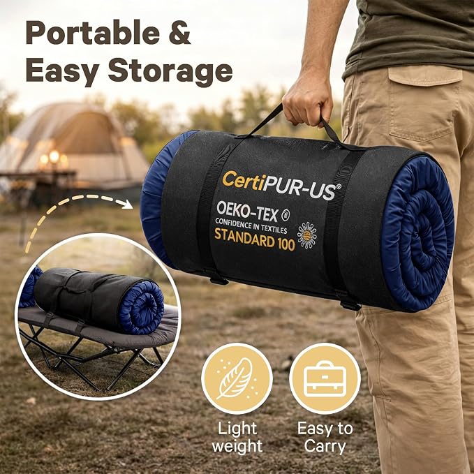CYMULA Camping Cot Pad 2 Inch Memory Foam, Camping Pad for Folding Cot and Foldable Cot, Portable Roll Up Camp Gear for Car Camping Travel Tent, Non-Slip Waterproof Bottom, Removable Cover, Pad Only