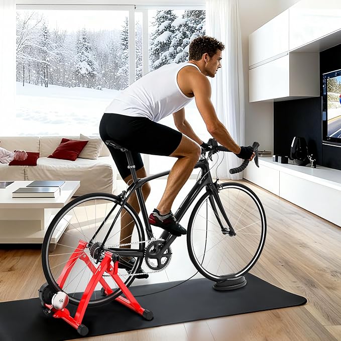 Sportneer Bike Trainer - Magnetic Stationary Bike Stand for 26-28" & 700C Wheels - Adjustable 6 Level Resistance Bike Trainer Stand for Indoor Riding with Quick Release Lever & Front Wheel Riser Block