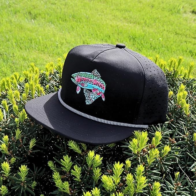 Trout Hat for Men - Dri-Fit Snapback Fishing Cap with Embroidered Rainbow Trout - Performance Laser Back Hat