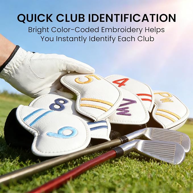 FINGER TEN Magnetic Golf Club Head Covers Value 9 Pack for Iron and Wedge, Premium PU Leather with Double-Sided Colorful Embroidery Label, Stylish Black Covers for Strong Protection