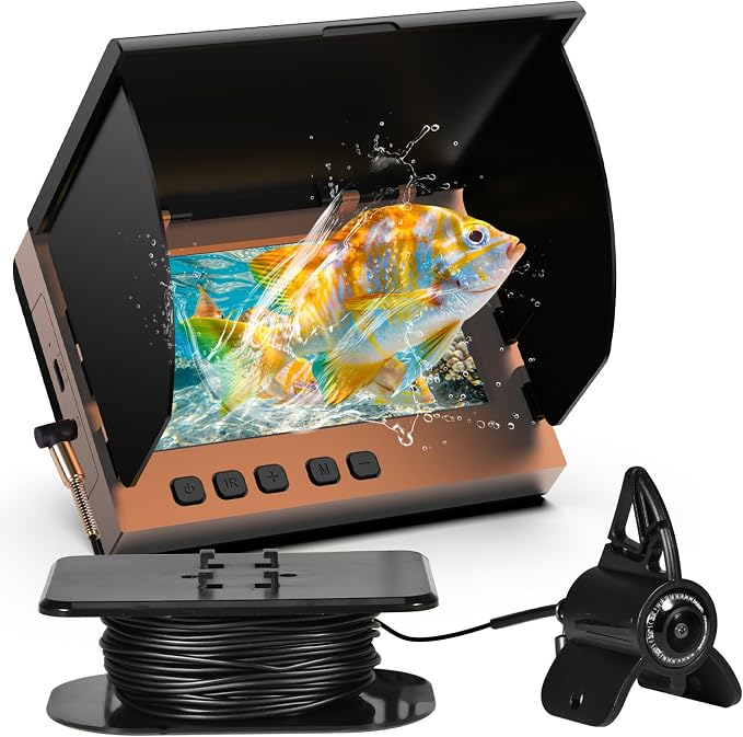 Underwater Fishing Camera, 4.3 Inch LCD, Infrared Night Vision, Wide Angle IP68 Waterproof Portable Fish Camera for Ice, Lake, Boat & Kayak Fishing (Gold)